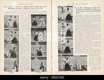 Seite 7-8 eines 8-seitigen Artikels von E .W.. Barton-Wright, der eine neue Form der Selbstverteidigung erfunden hatte, bartitsu. Dieser Spread bietet Ratschläge, wie man einen Angreifer stürzen kann, wenn er Sie am Gürtel ergreift oder versucht, die Tasche Ihres Mantels zu greifen, während auf der gegenüberliegenden Seite Möglichkeiten sind, sich zu lösen und einen Angreifer zu stürzen, wenn er Sie am Ballen festhält Stockfoto