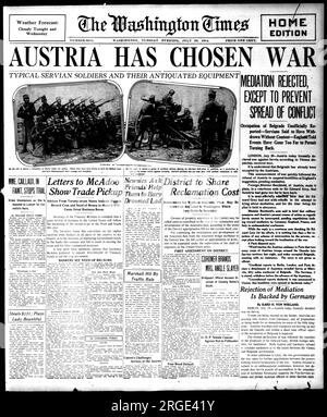 WW1 - Überschrift: "Österreich hat den Krieg gewählt". Titelseite der Washington Times - 28. Juli 1914 Stockfoto