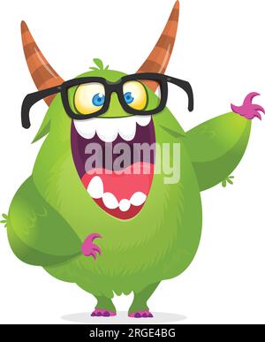 Lustige, lächelnde, pelzige Monsterfigur. Illustration eines süßen und glücklichen mythischen Aliens mit Brille. Halloween-Design. Stock Vektor