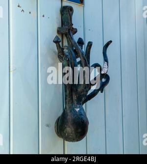 Türmöbel aus Messing, Türklopfer mit einem Oktopus an einer Holztür Stockfoto
