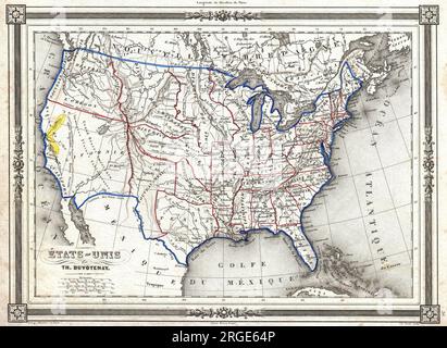 1852-Karte der Vereinigten Staaten von Th. Duvotenay. Zeigt die Vereinigten Staaten auf dem Höhepunkt des Goldrauschs von Kalifornien und kurz nach der Annexion von Texas. Kalifornien ist das große Gebiet, das Mexiko 1849 abgetreten hat. Die goldene Region entlang des Sacramento River ist gelb und mit einem Hinweis versehen. Nouveau-Mexique (New Mexico) erscheint auf der Karte in einem sehr frühen Bundesstaat mit seiner Hauptstadt in Santa Fe. Sie umfasst einen Großteil des Gebiets, das traditionell Teil des c. 1850 Texas ist, insbesondere die nördliche Erweiterung entlang des Green River; sie wird im Westen durch die Rocky Mounta begrenzt Stockfoto