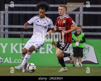 Seaview Stadium, Belfast, Nordirland, Vereinigtes Königreich. 27. Juli 2023. Qualifikationsrunde 2 der UEFA Europa Conference League (erste Etappe) – Kreuzritter/Rosenborg. Fußballer in Action Rosenborg Fußballspieler Jayden Nelson (11). Stockfoto