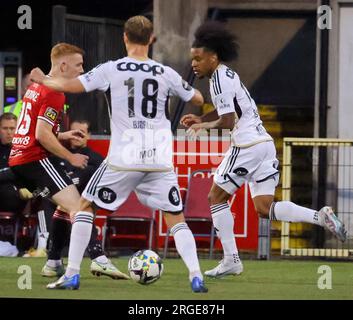 Seaview Stadium, Belfast, Nordirland, Vereinigtes Königreich. 27. Juli 2023. Qualifikationsrunde 2 der UEFA Europa Conference League (erste Etappe) – Kreuzritter/Rosenborg. Fußballer in Action Rosenborg Fußballspieler Jayden Nelson (11). Stockfoto