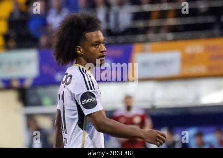 Seaview Stadium, Belfast, Nordirland, Vereinigtes Königreich. 27. Juli 2023. Qualifikationsrunde 2 der UEFA Europa Conference League (erste Etappe) – Kreuzritter/Rosenborg. Fußballer in Action Rosenborg Fußballspieler Jayden Nelson (11). Stockfoto