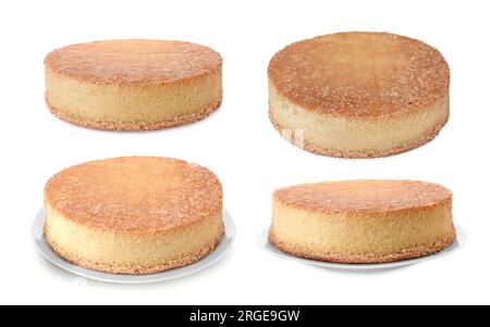 Schmackhafter Schwammkuchen isoliert auf weiß, verschiedene Winkel. Collage-Design Stockfoto