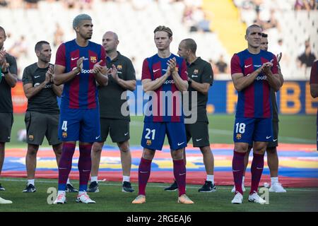 Barcelona, Spanien. 8. Aug. 2023. BARCELONA, SPANIEN - 8. AUGUST: .Spieler in Aktion während des Joan Gamper Trophäenspiels zwischen FC Barcelona und Tottenham Hotspurs bei der Estadi Olimpic Lluis Companys am 8. August 2023 in Barcelona, Spanien (Kreditbild: © Gerard Franco/DAX via ZUMA Press Wire) NUR REDAKTIONELLE VERWENDUNG! Nicht für den kommerziellen GEBRAUCH! Stockfoto