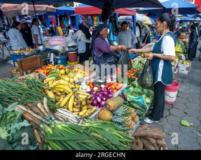 Ein Gemüsehändler serviert einen Kunden an einem Stand mit frischem Obst und Gemüse auf dem indischen Markt in Otavalo in Ecuador. Stockfoto