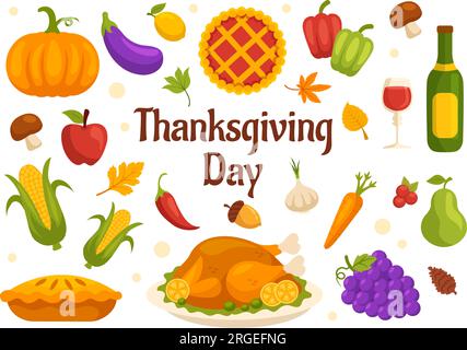 Happy Thanksgiving Day Vector Illustration with Turkey Bird, Pumpkin, Leaves and many other Elements Background Flat Cartoon handgezeichnete Vorlagen Stock Vektor