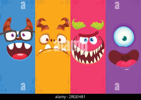 Lustige Cartoon-Monster-Gesichter Emotionen gesetzt. Illustration mythischer außerirdischer Kreaturen unterschiedlicher Ausdruck. Halloween-Party-Design. Großartiges Verpackungsdesign. Stock Vektor