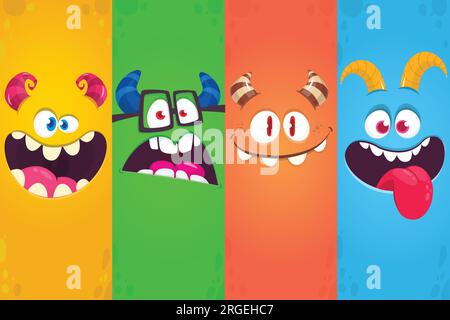 Lustige Cartoon-Monster-Gesichter Emotionen gesetzt. Illustration mythischer außerirdischer Kreaturen unterschiedlicher Ausdruck. Halloween-Party-Design. Großartiges Verpackungsdesign. Stock Vektor
