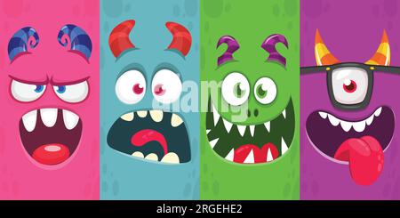 Lustige Cartoon-Monster-Gesichter Emotionen gesetzt. Illustration mythischer außerirdischer Kreaturen unterschiedlicher Ausdruck. Halloween-Party-Design. Großartiges Verpackungsdesign. Stock Vektor