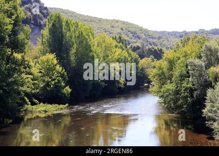 La Vézère rivière des hommes et des femmes de Cro-Magnon coule aux Eyzies de Tayac capitale mondiale de la préhistoire, Dordogne, Périgord, Frankreich, EU Stockfoto