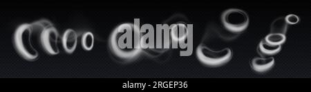 Rauchringe, runde Dampf- oder Smogwolken. Runder Nebel, Rauch von Wasserpfeife, Zigarette oder Pfeife, Vapor fliegt in der Luft, Vektor realistische Darstellung isoliert auf transparentem Hintergrund Stock Vektor