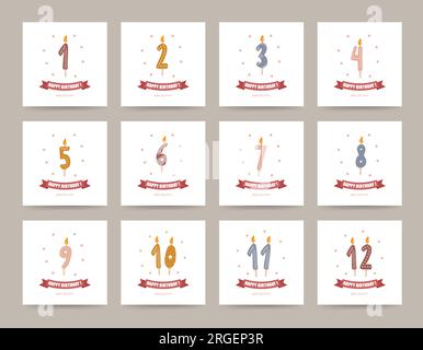 Geburtstagszahlen Kerzen mit brennenden Flammen. Süße Bo-Elemente zum Feiern. Vorlagen für die Einladungskarte zur Party. Vektordarstellung flach Stock Vektor