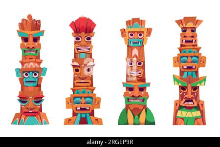 Tiki-Maske Pole Tottem Tribal Vector Cartoon Symbolset. Afrikanisches Luau-Face-Holzschild für tropische Strandinsel-Party-Dekoration. Mexikanische zeremonielle Kollektion mit isoliertem Kriegerlächeln und Statue-Design Stock Vektor