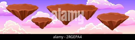 Landinsel schwimmend in rosa Himmel Vektordarstellung. Cartoon-Level mit leerer Bodenplattform für Sprung in 2D-Videospielumgebung. Fantastisches Gelände mit Felsbühne und violetter Wolkenszene Stock Vektor