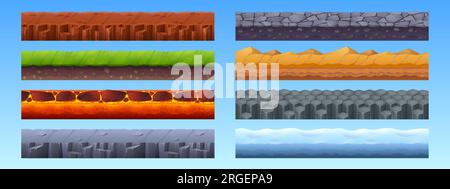 Spiele nahtlose Cartoon-Vektoren mit Bodenstruktur. Zeichensatz für die mobile App: Grünland, Wüstenfläche, Schottermuster, Eisboden und Lavabildung. Unterirdischer Stein-ui-Pfad Stock Vektor