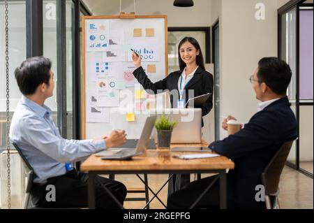 Eine schöne und selbstbewusste asiatische Geschäftsfrau oder Finanzanalystin erläutert Finanzdaten und präsentiert ihr Projekt ihren Chefs im Stockfoto