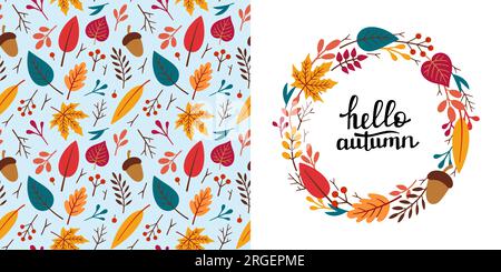 Handgezeichneter Herbstkranz zum Entwerfen von Babykleidung. Postkarte mit Herbstelementen und nahtlosem Muster im Herbst. Karikatur böhmische Kinderzimmer Druck. Kinderdesign für Pyjamas. Vektorillustration Stock Vektor