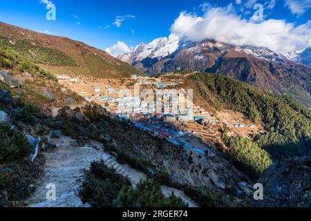 Blick auf Namche Bazar, Nepal Stockfoto