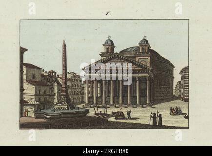 Blick auf das Pantheon oder Rotonda in Rom. Zylindrischer kuppelförmiger Tempel mit 16 korinthischen Säulen unter einem Pediment, große Bronzetüren. Im 17. Jahrhundert wurden zwei Glockentürme hinzugefügt. Brunnen vor dem ägyptischen Obelisken vom Tempel des Ra in Heliopolis. Handfarbene Kupferplattengravierung aus Bilderbuch fur Kinder (Bilderbuch für Kinder) von Carl Bertuch, Weimar, 1810. Eine Enzyklopädie mit 12 Bänden für Kinder, illustriert mit fast 1.200 gravierten Platten über Naturgeschichte, Wissenschaft, Kostüm, Mythologie usw., veröffentlicht von 1790-1830. Stockfoto