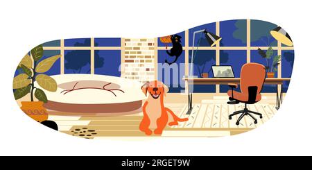 Büroeinrichtungen und entwerfen isolierte Cartoon-Vektorbilder. Lustige schwarze Katzen im Zimmer spielen und verstecken sich in Zimmerpflanzen. Retro-Style 60s, 70s. Haustierfreundlich. Helle Einrichtung mit großen Fenstern und Holzfußboden. Stock Vektor