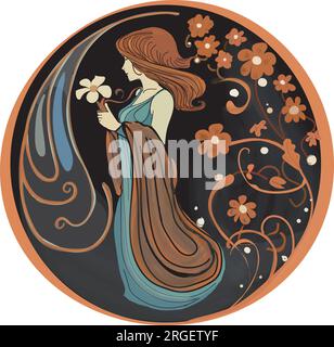 Vektordarstellung von Persephone, handgezeichnet im Jugendstil, rund mit schwarzem Hintergrund Stock Vektor