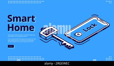 Smart-Home-Banner. Technologiekonzept für das Internet der Dinge. Vektor-Landing-Page des Haussteuerungssystems mit isometrischem Schlüsselsymbol, Mobiltelefon mit Sicherheitsüberwachung, Bildschirm mit Schlossbeschriftung Stock Vektor