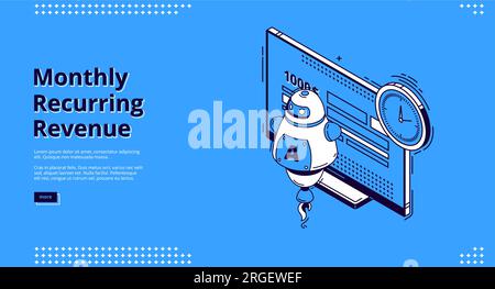 Banner für monatlich wiederkehrende Umsätze. Feste Bezüge und Zahlungen, MRR-Konzept. Vektor-Landing-Page mit wiederkehrenden Einnahmen mit isometrischen Symbolen von Rechnungen auf Computermonitor und Zeiterinnerung, Roboter-ai Stock Vektor