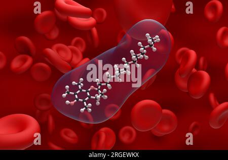 Vitamin-E-Struktur im Blutfluss - Kugel-Stab-Nahaufnahme 3D-Abbildung Stockfoto