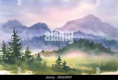 Aquarell-Illustration einer nebeligen Landschaft mit dunklen Tannen, grünem Gras und fernen Bergen im Hintergrund unter einem Wolkenhimmel. Stockfoto