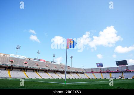 Barcelona. 8. Aug. 2023. Dieses Foto wurde am 8. August 2023 aufgenommen und zeigt das Olympiastadion der Lluis Companys vor dem Joan Gamper Trophy-freundlichen Fußballspiel zwischen dem FC Barcelona von Spanien und dem Totthenham Hotspur von England in Barcelona, Spanien. Kredit: Joan Gosa/Xinhua/Alamy Live News Stockfoto
