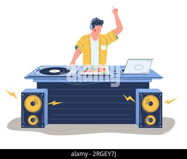 Junger dj, der am Drehteller steht und Spuren mischt, Vektordarstellung Stock Vektor