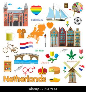 Niederlande Symbole und holland Reisesymbole isolierter Satz Stock Vektor