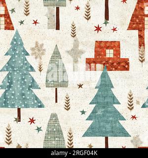 Rustikales landhaus mit primitivem Handnähstoff-Effekt. Gemütliches nostalgisches, schäbiges, hausgemachtes amerikanisches Kunsthandwerk im Winter Stockfoto