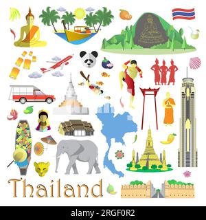 Thailand Symbole und Reisesymbole isolierter Satz Stock Vektor