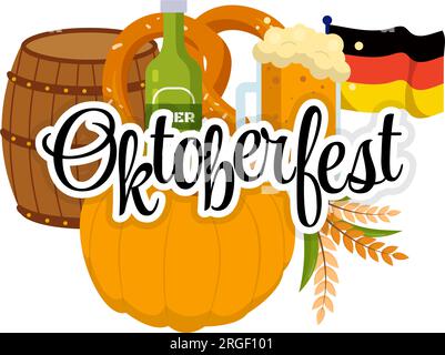 Set von Happy Oktoberfest Elements Vector Illustration mit Biersorten, Würstchen, Fässern, deutschen Flaggen und mehr Cartoon Hintergrunddesign-Vorlagen Stock Vektor