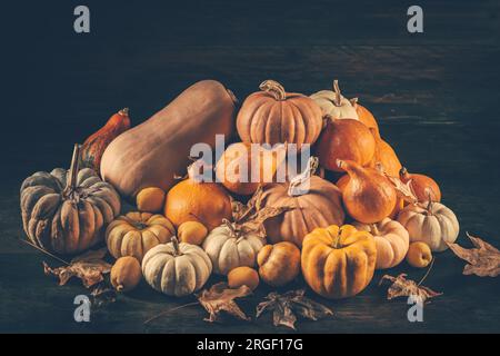 Thanksgiving und Herbstdekoration mit verschiedenen Kürbissen und getrockneten Blättern auf Holzhintergrund Stockfoto