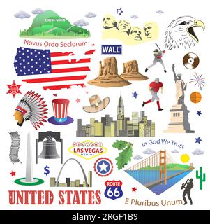 US-amerikanische Symbole und Reisesymbole, isolierter Satz Stock Vektor