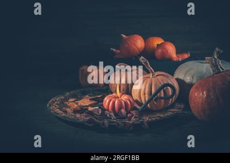 Konzept der Herbsternte mit Kürbissen und Kerzen auf dunklem Holzhintergrund Stockfoto