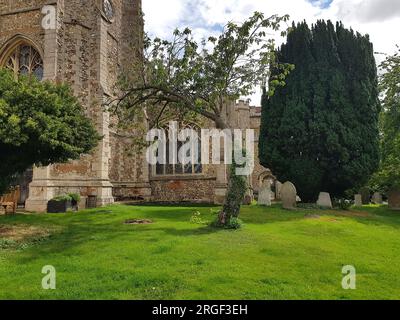 Blick auf den Kirchenfriedhof in Thaxted, Essex, Großbritannien. Stockfoto