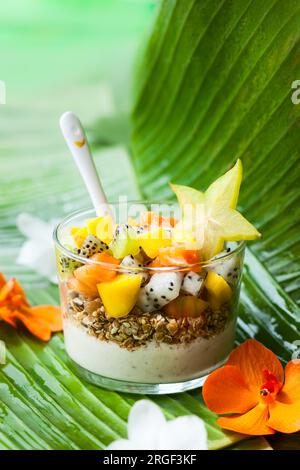 Gesundes Frühstück mit exotischen Früchten, Joghurt und Müsli Stockfoto