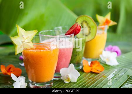 Auswahl an frischen tropischen Früchten Smoothies auf den grünen Bananenblättern Stockfoto