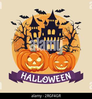 Zwei orangefarbene Halloween-Laternen Kürbisse auf dem Hintergrund eines Spukhauses bei Nacht, eine Fledermaus, ein großer Mond, magische Bäume. Vektordarstellung. Stock Vektor