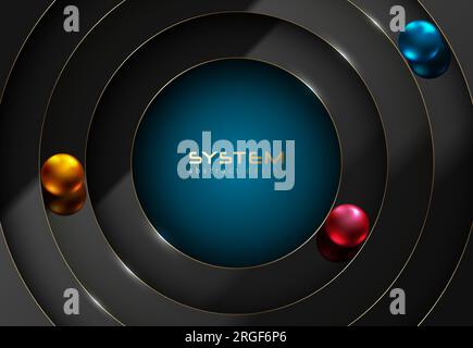 Abstrakter luxuriöser, runder, glänzender schwarzer Hintergrund mit 3D-mm-Paperellage und goldener Linie. Gold-Vektorrahmen-Layered-Header. Glänzende metallische Kugeln umkreisen Stock Vektor