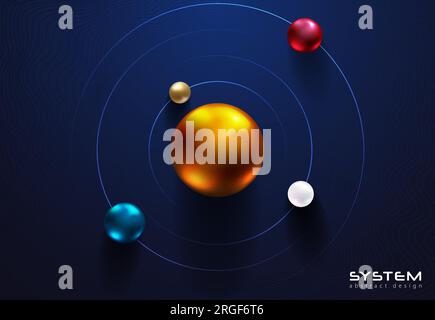 Glänzende metallische Kugeln umkreisen den Ball in der Mitte auf dunkelblauem Hintergrund. Abstraktes futuristisches Design für Wissenschaft oder Bildung. Solarsystem Circle Tech Stock Vektor