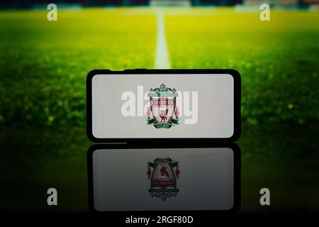 Logo des englischen Premier League Clubs Liverpool auf dem Bildschirm Stockfoto