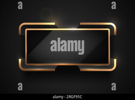 Luxuriöser horizontaler 3D-Anzeigerahmen in Schwarz. Rechteckiger Rahmen für Logo. Hochglanzschwarz-Volumenvorlage mit goldfarbenem Rand und Blendenfleck. Schwarzer Backgrou Stock Vektor