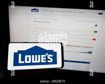 Person, die ein Mobiltelefon mit dem Logo des amerikanischen Einzelhandelsunternehmens Lowe's Companies Inc. Auf dem Bildschirm vor der Webseite hält. Konzentrieren Sie sich auf das Display des Telefons. Stockfoto