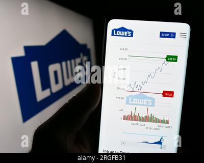 Person, die ein Mobiltelefon mit einer Website des US-amerikanischen Einzelhandelsunternehmens Lowe's Companies Inc. Auf dem Bildschirm vor dem Logo hält. Konzentrieren Sie sich auf die Mitte des Telefondisplays. Stockfoto